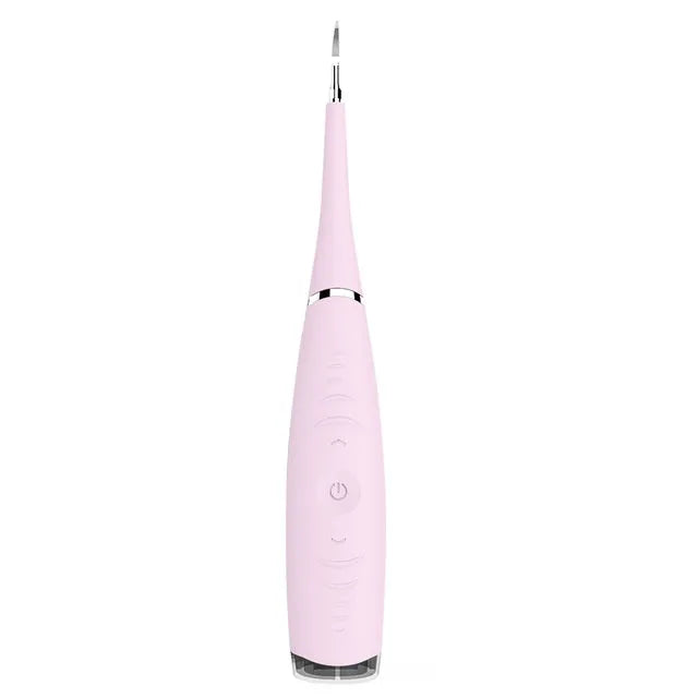 Pink and blue waterproof electric dental scaler with silicone handle and charging cable on a bathroom counter.