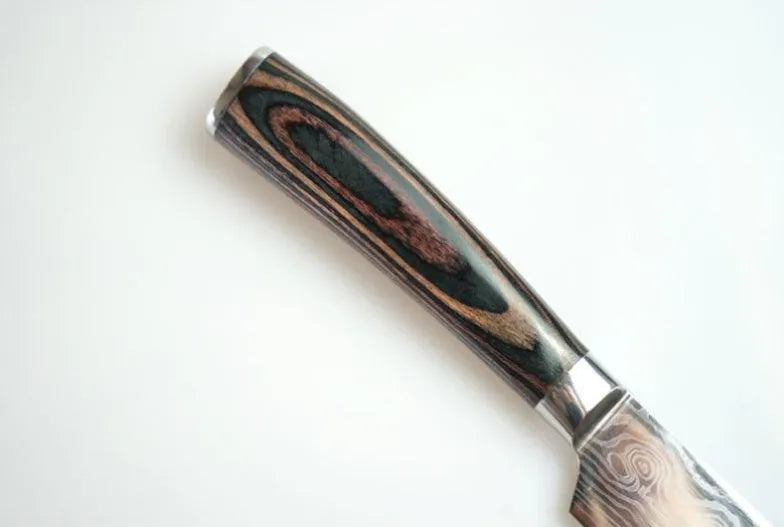 7Cr17 stainless steel kitchen knife with laser Damascus pattern on blade and colour steel handle.
