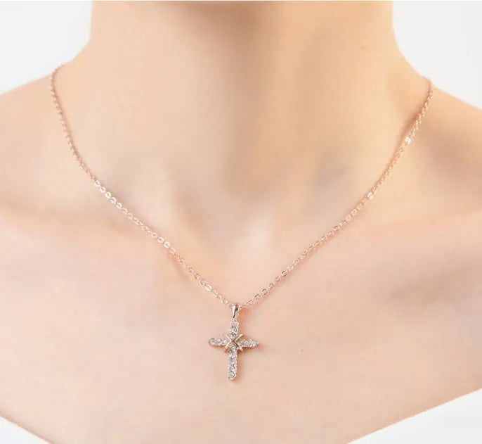 Studded Jesus cross pendant on alloy clavicle chain necklace in platinum finish