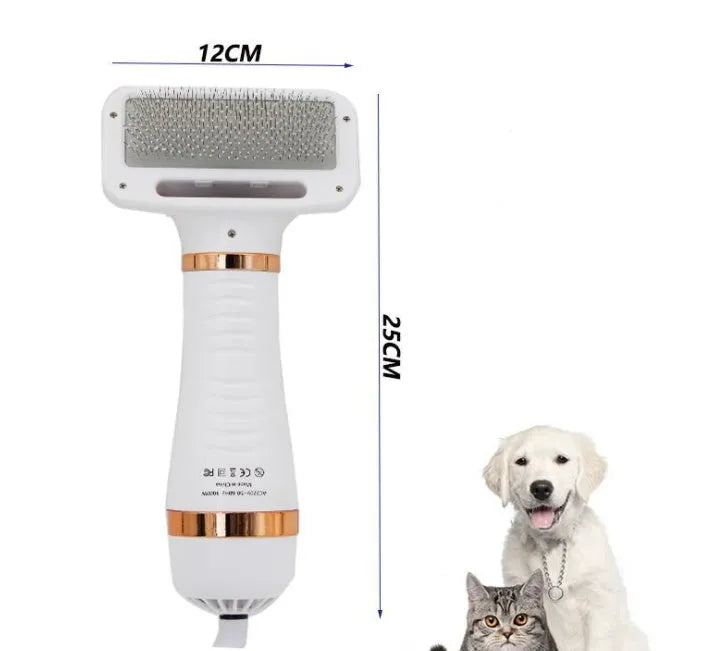 2-in-1 gold pet drying brush with comb, 304 stainless steel needles, rotating head, and UK plug