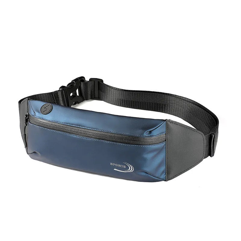 Men's black waterproof Derm Oxford polyester waist bag with belt strap, showing front compartment.