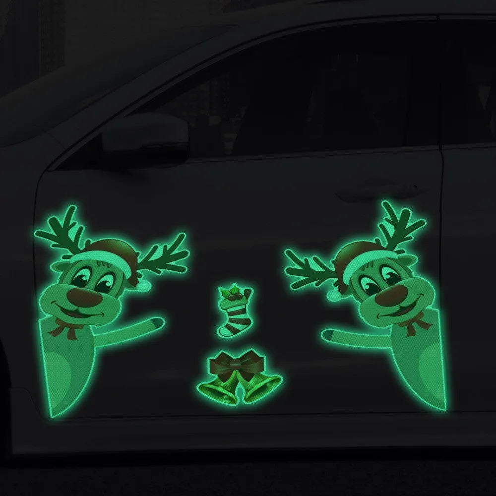 Cartoon-style Christmas elk bell magnetic bumper stickers with reflective luminous finish