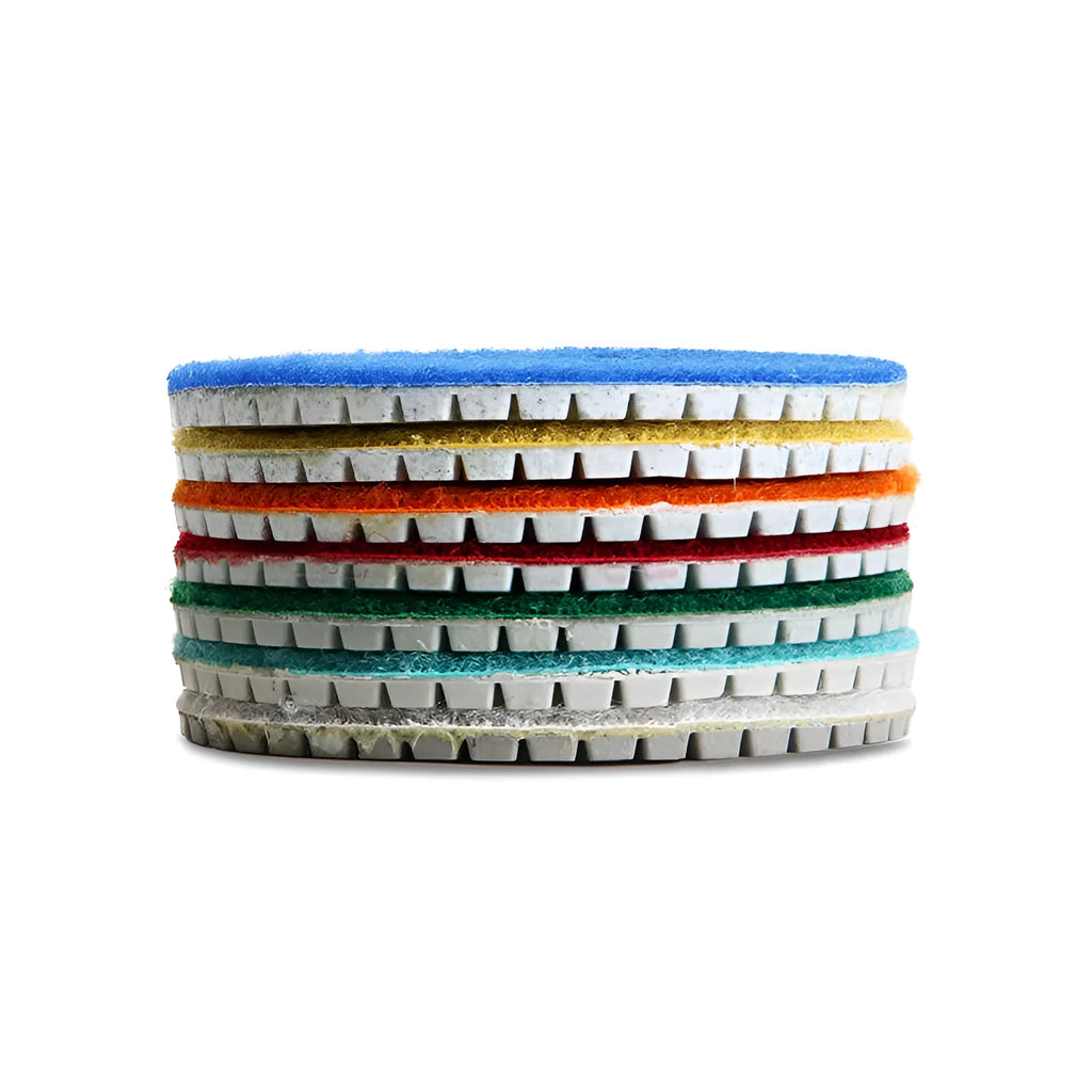 Set of 10 emery polishing discs with 80mm diameter for stone and concrete surface polishing.