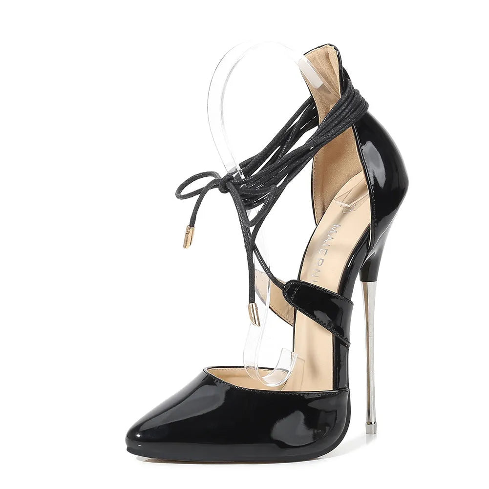 Lace high heels in candy colours with pointed toe, cross straps and metal heel, artificial PU upper