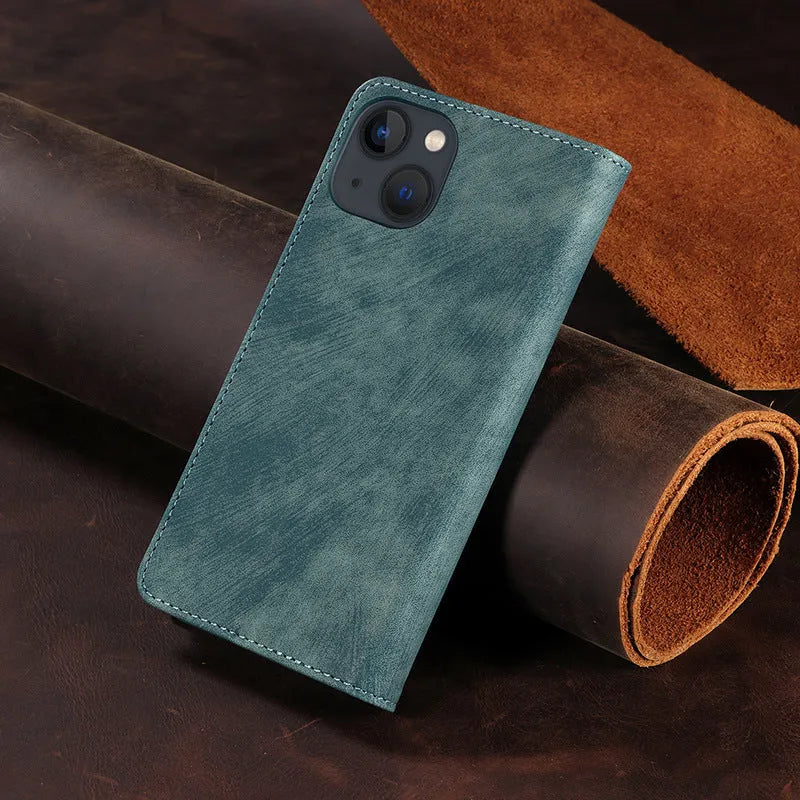 Magnetic flip phone case for iPhone in black, showing closed front cover with leather finish.
