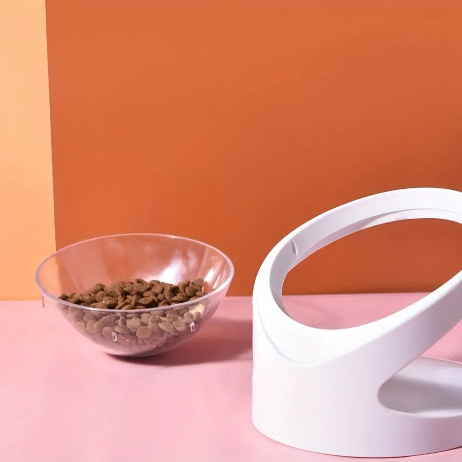 White elevated cat food bowl with ergonomic tilt design for neck protection