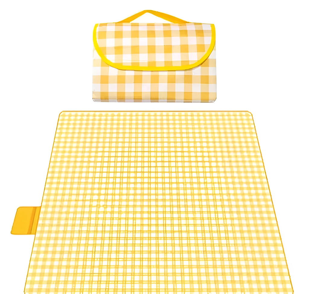 Thickened picnic mat in non-woven fabric or 600D Oxford cloth, 100x150cm to 200x300cm, yellow green red grid or flying leaves pattern