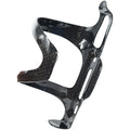 Black carbon fibre side-pull water bottle cage for bicycles, showing mounting holes and side-access design.