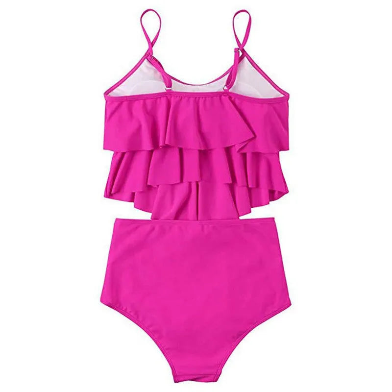 Ruffled bikini swimsuit two-piece set in polyester fibre, available in black, green, and rose red, sizes S-XL