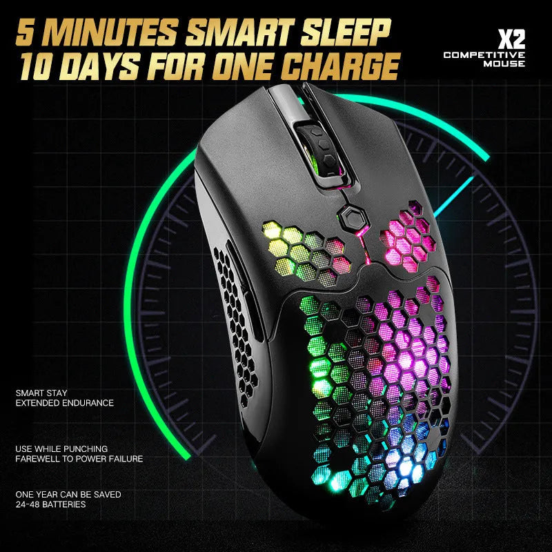 Free Wolf X2 wireless gaming mouse in black on a desk, showing RGB lighting, side buttons, and USB-C charging port.