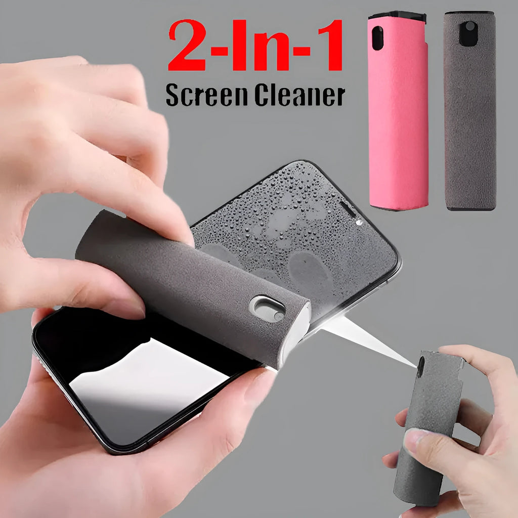 Mobile phone screen cleaner with integrated spray bottle and microfiber in compact black case