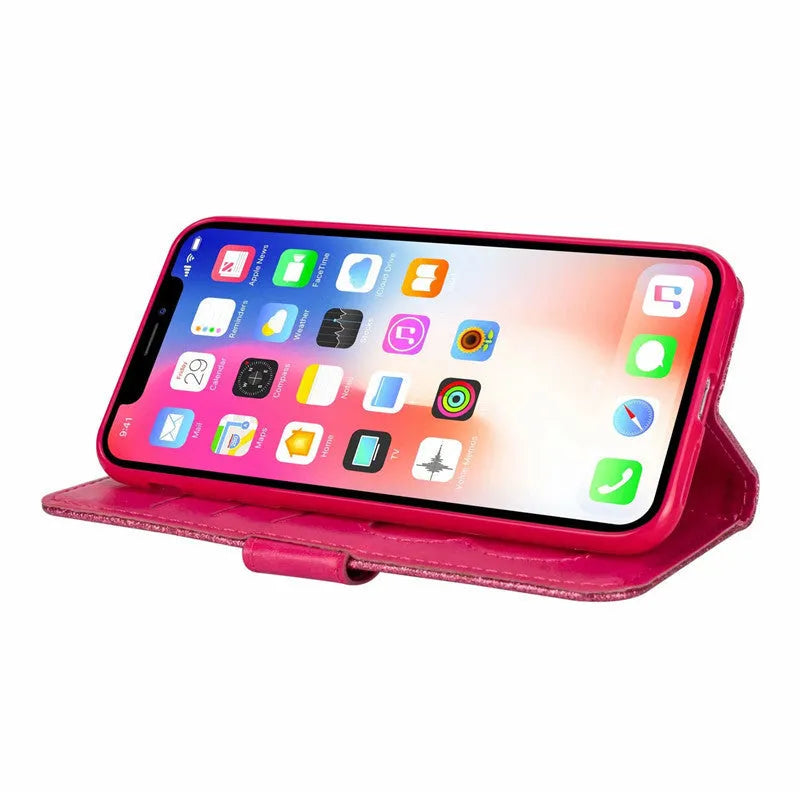 PU leather zipper phone case for iPhone showing front flap closure and card storage slots