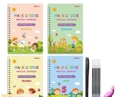 Children's English calligraphy practice set showing notched groove pen, ten refills, and double-sided practice cards
