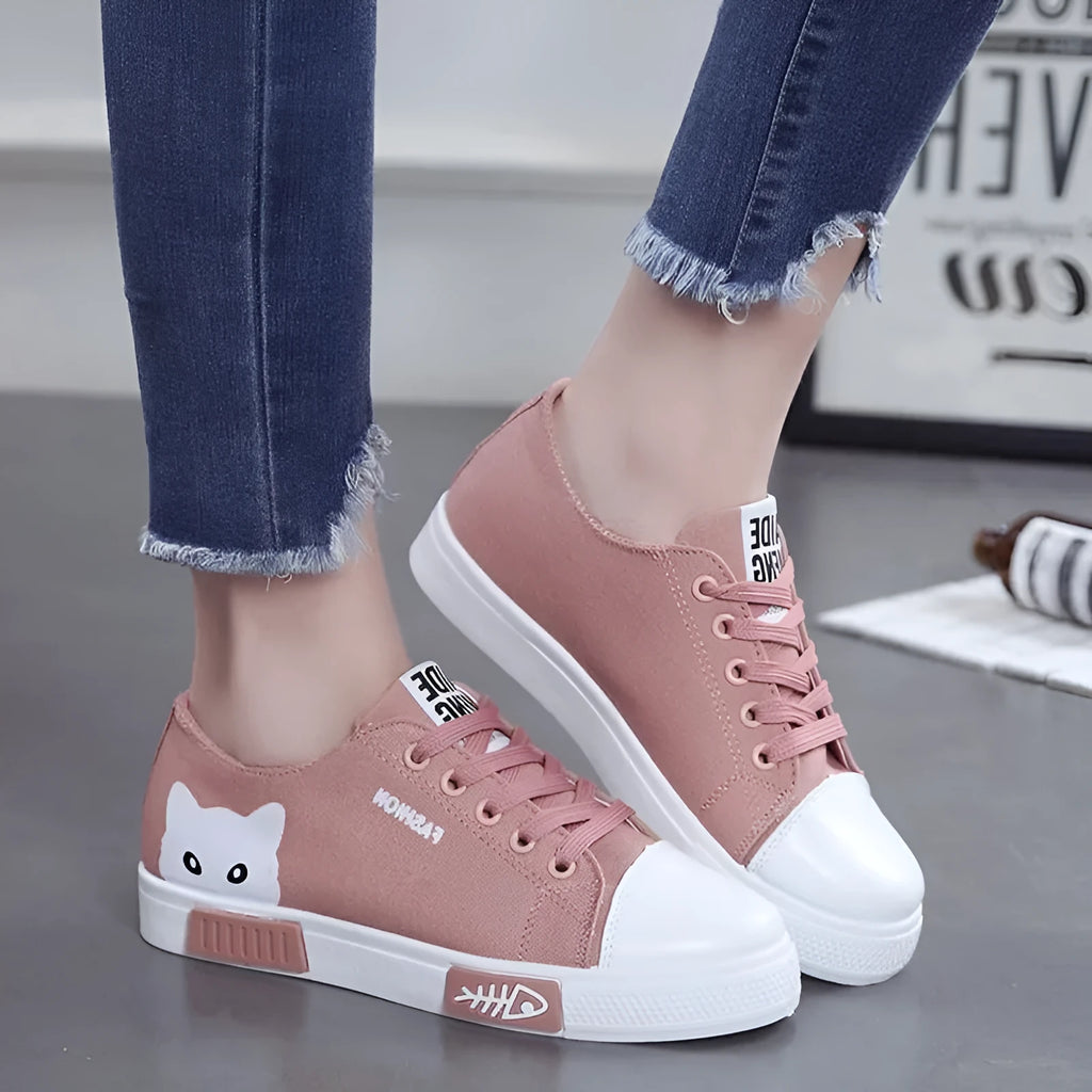 Pink canvas cat fish print lace-up sneakers for women with cotton upper and rubber sole