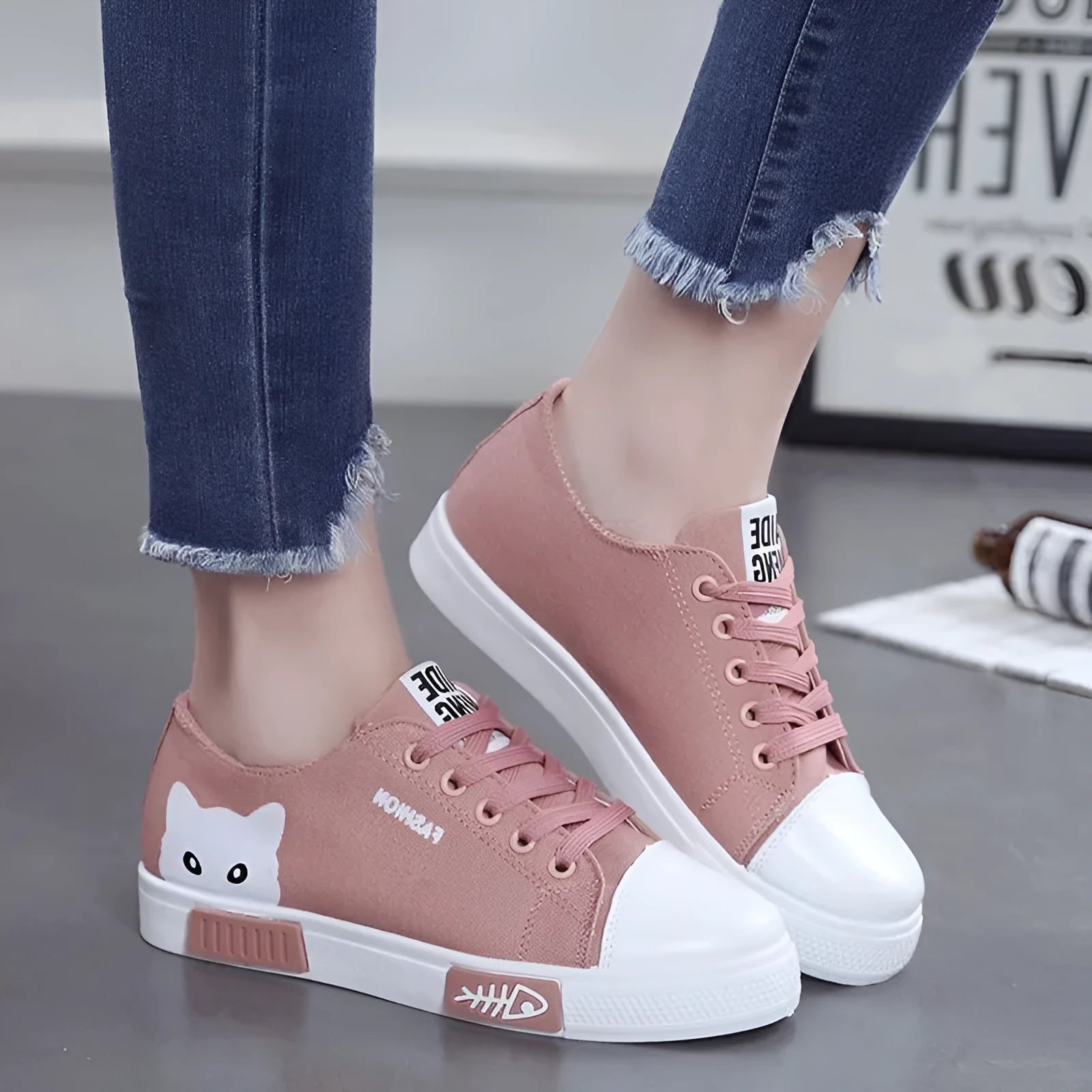 Pink canvas cat fish print lace-up sneakers for women with cotton upper and rubber sole