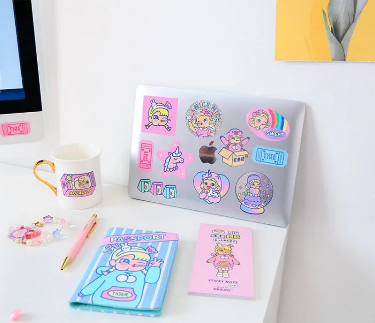Cartoon sticker sheets with storage box showing 16 PVC comics heart designs for DIY decoration