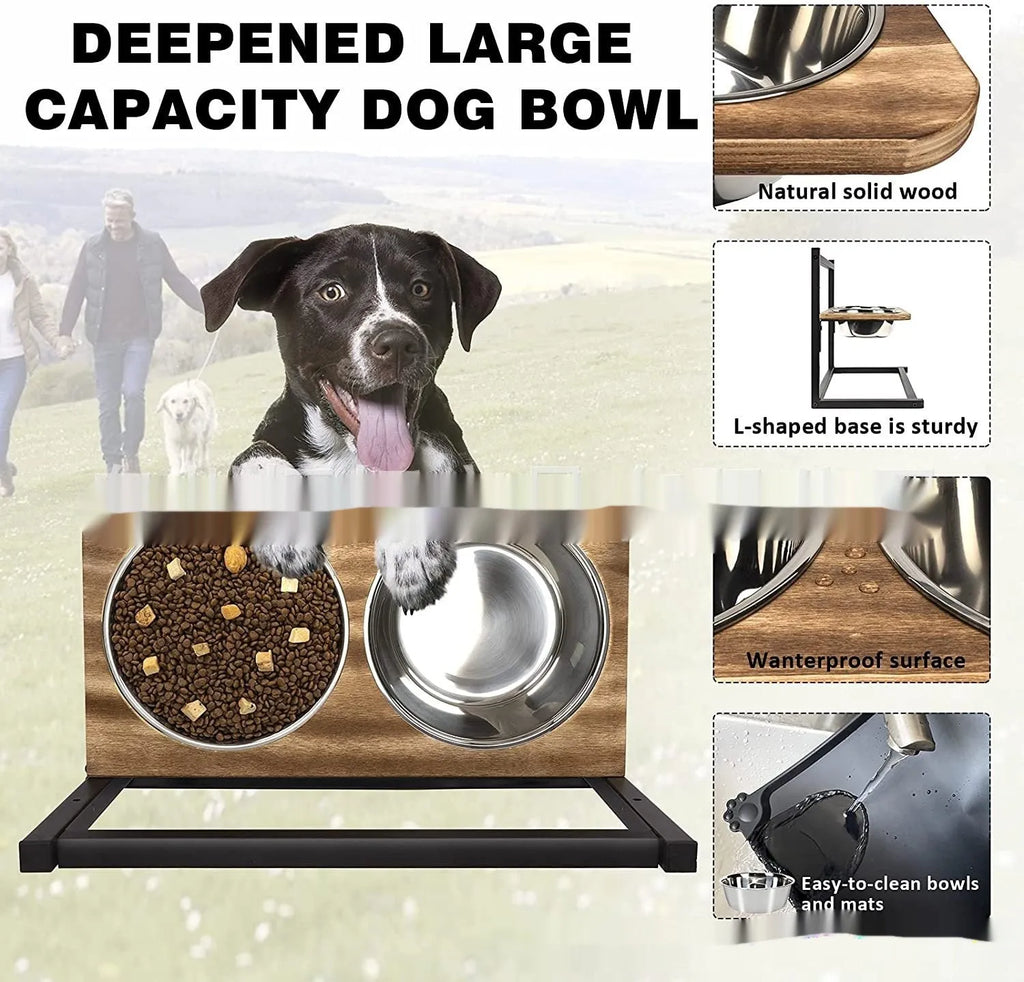 Black iron pet bowl rack with three adjustable slots for dog feeding dishes