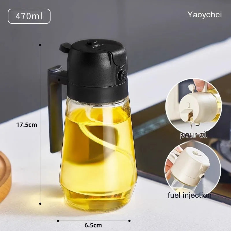 Glass olive oil sprayer dispenser with 470ml capacity and dual spray/pour function