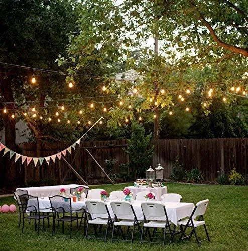 Waterproof solar-powered LED string lights with PVC shell for outdoor garden and patio use.