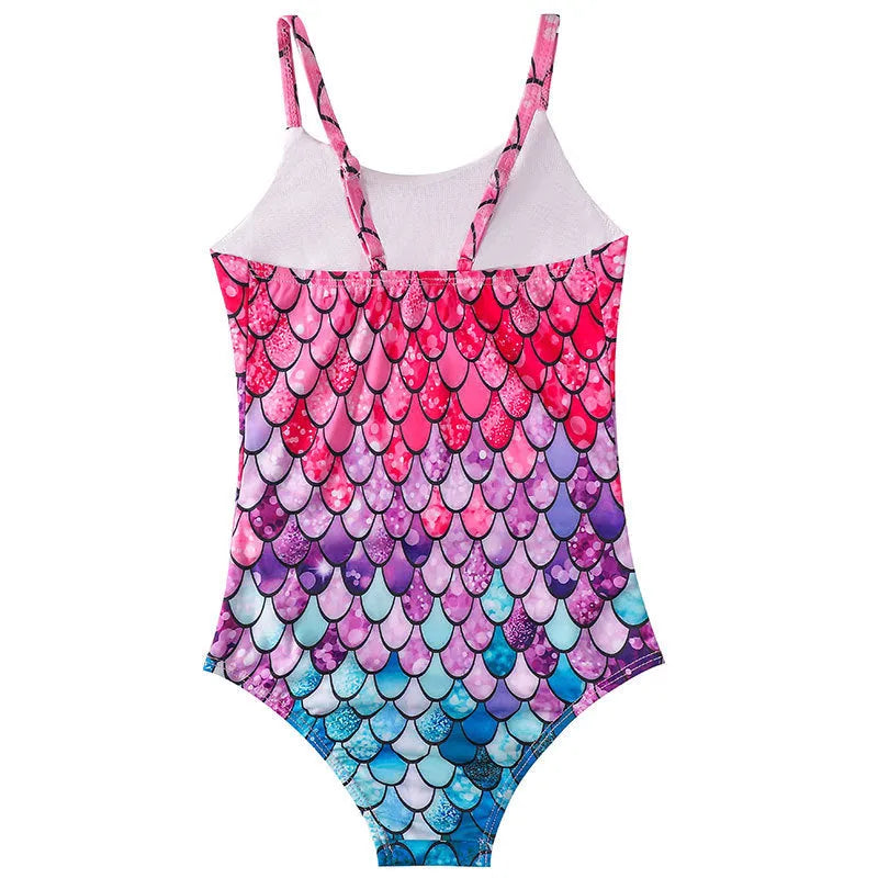 Girl's mermaid-style one-piece swimsuit in assorted colours on a white background