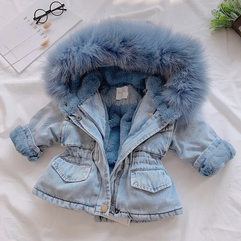 Blue denim coat for girls with attached hood and plus velvet lining shown with size tags