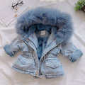 Blue denim coat for girls with attached hood and plus velvet lining shown with size tags