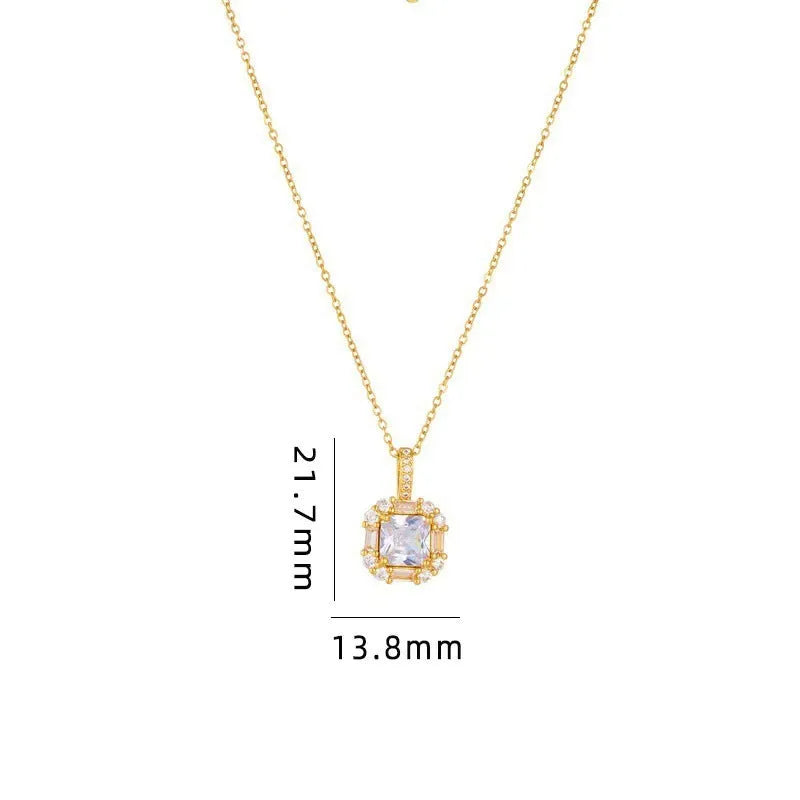 Women's geometric quadrilateral clavicle chain with mixed gemstones on water wave titanium steel chain
