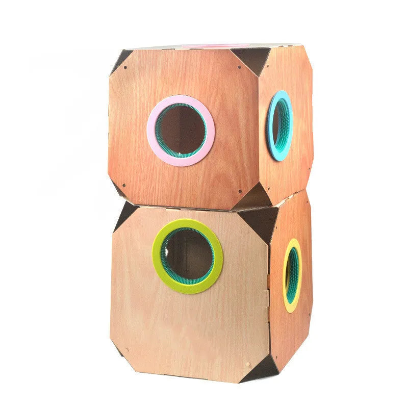 DIY multipurpose cat hiding box with white corrugated cardboard carton, two ABS TPR circles, and a cat scratching board in style A
