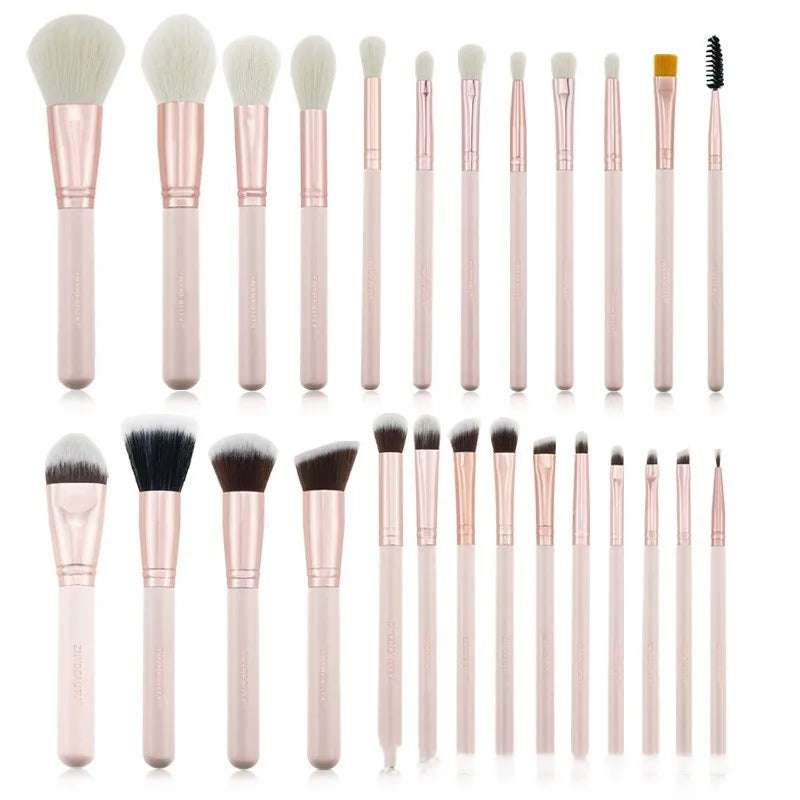 26-piece pink makeup brush set with wooden handles in PU storage bag
