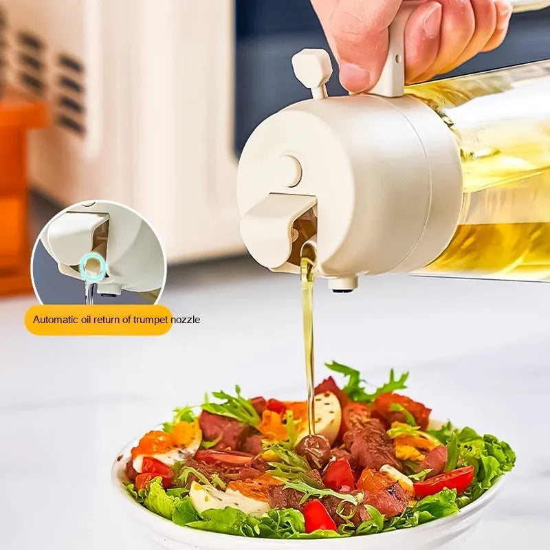 Glass olive oil sprayer dispenser with 470ml capacity and dual spray/pour function