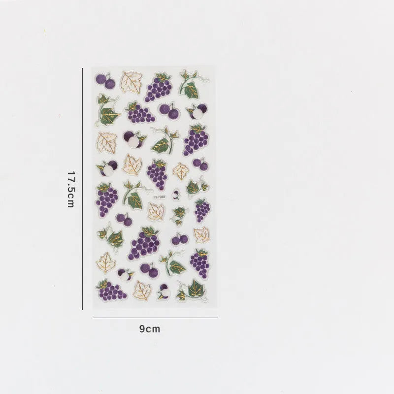 Set of six fruit bronzing stickers including grape, orange, passion fruit designs for phone decoration