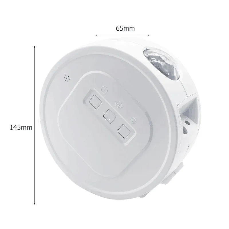 USB Ocean Star Projection Light with 360 degree rotation, starry sky pattern projected on ceiling, white lamp body on desk