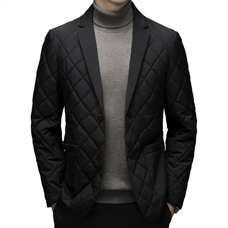 Man wearing a thick black lapel down jacket with side seam pockets.