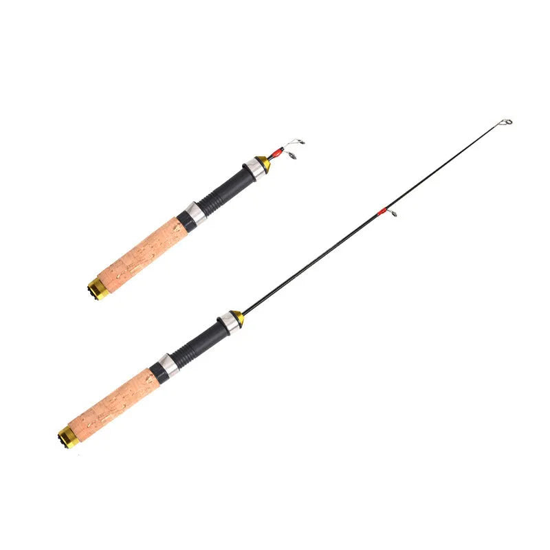Ice fishing retractable rod with wood grain finish, 0.6m collapsed length, carbon coated