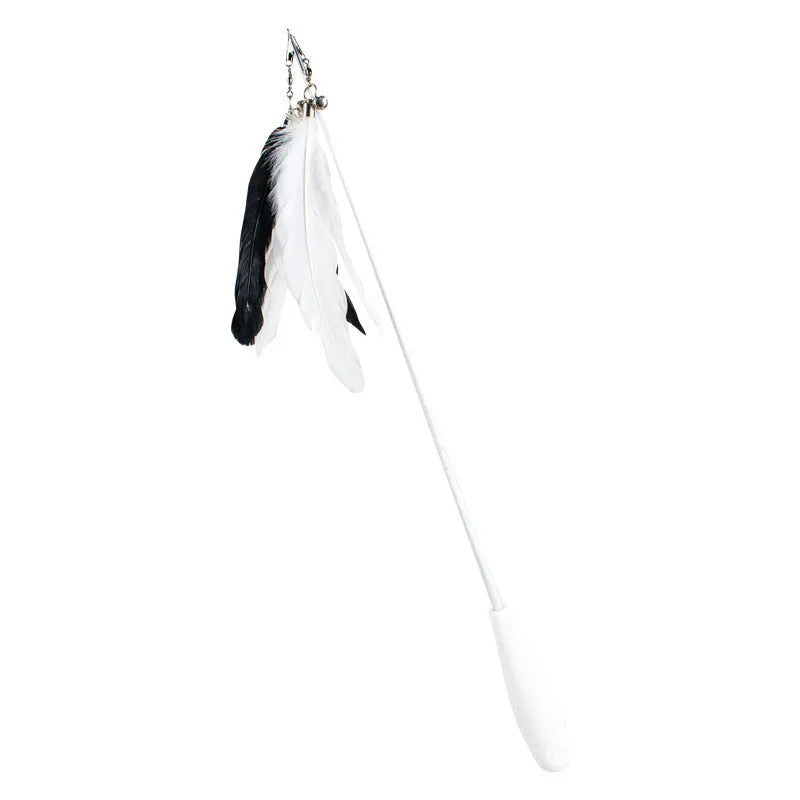 White telescopic fishing rod cat toy extended, with goose feather attachments and a small bell, on a neutral background.
