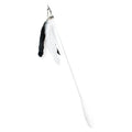 White telescopic fishing rod cat toy extended, with goose feather attachments and a small bell, on a neutral background.