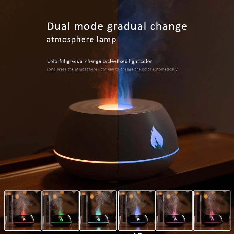 Black flame effect humidifier diffuser with LED lights on a wooden surface