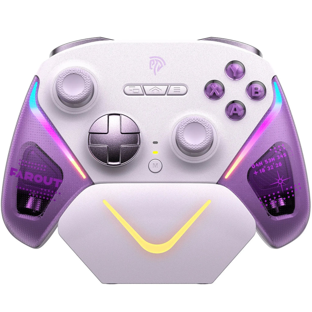 Rocker Smart wireless game controller on its charging base in Black, Green or Purple colour