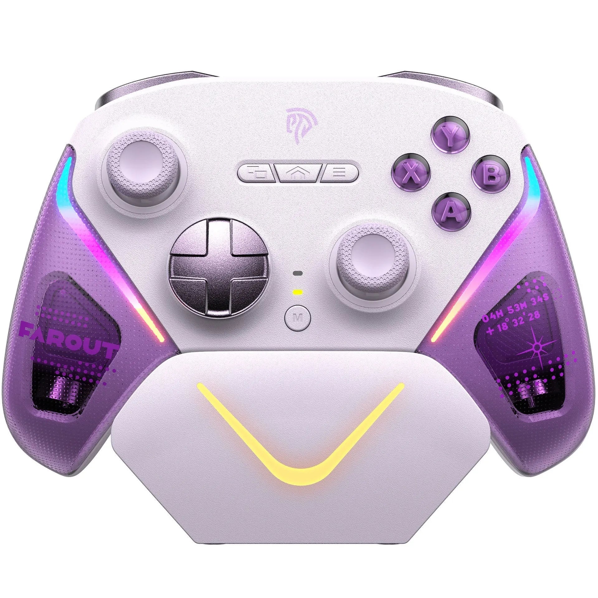 Rocker Smart wireless game controller on its charging base in Black, Green or Purple colour