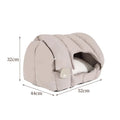 Grey arched cat bed transformed from enclosed nest to open sofa configuration for cats and small dogs