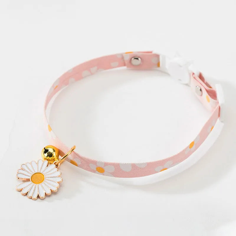 Adjustable cat collar with bell and bow tie for small dogs in green, pink, or yellow.