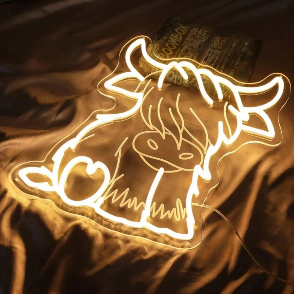 LED ambience light with highland cow acrylic design, USB plug-in, IP68 protection, PVC shell