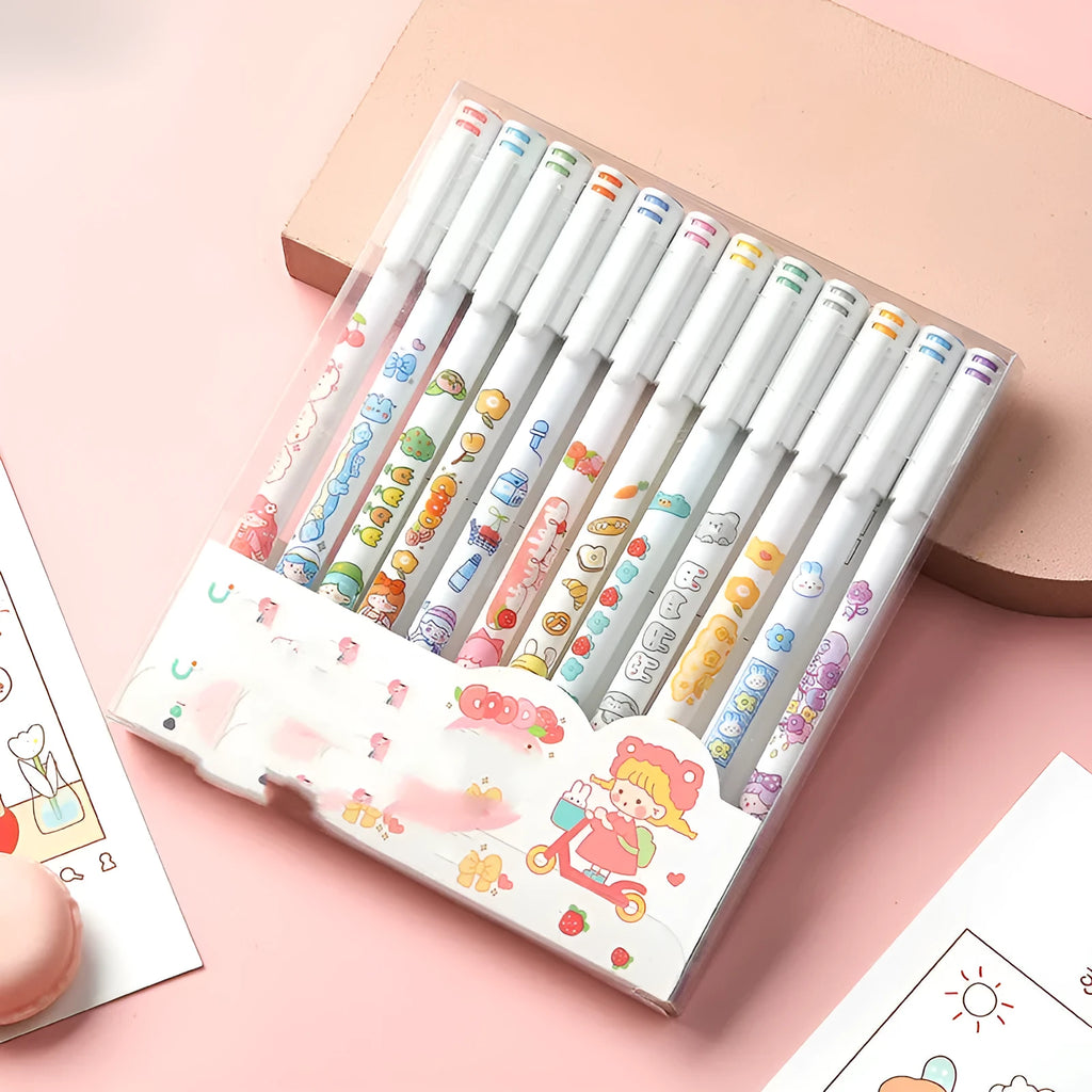 Twelve-colour 0.5mm gel pen set with plastic barrels in Cartoon hand account style