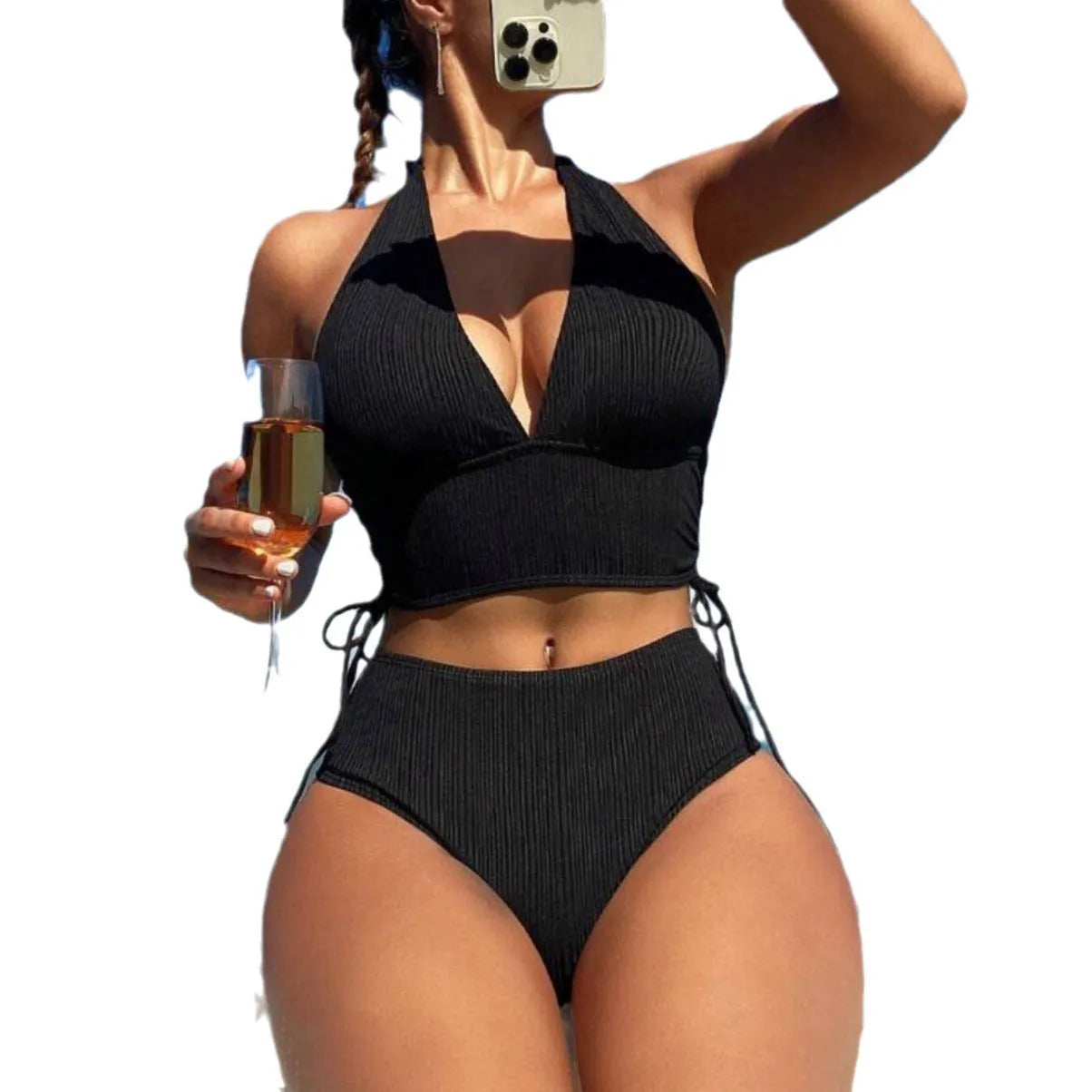 Women's black lace-up halter bikini with high-waisted briefs on mannequin