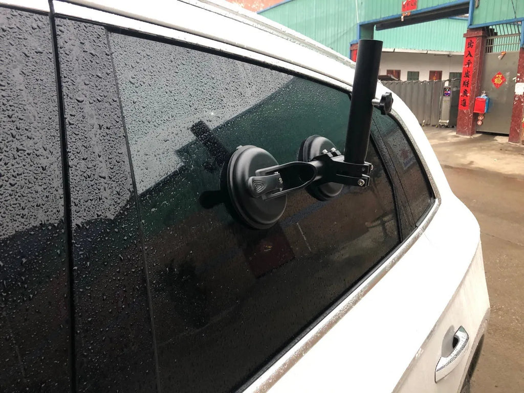 Black ABS car flagpole sucker mount with round glass suction cup for off-road vehicles.