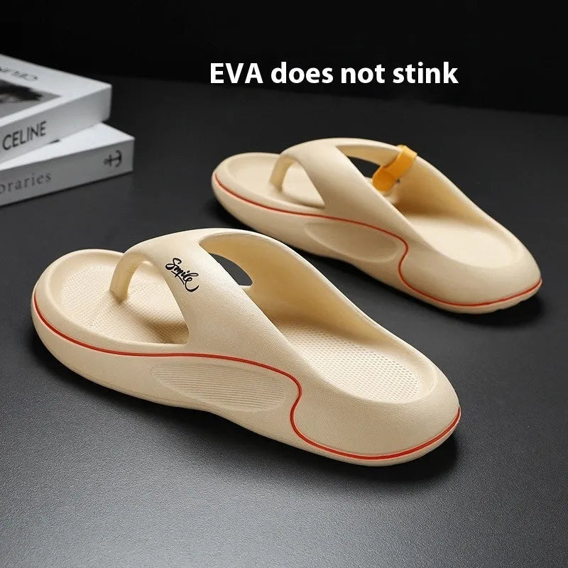 Men's open-toe EVA beach slippers with thick injection-moulded sole in black, khaki, or white, sizes 38-45