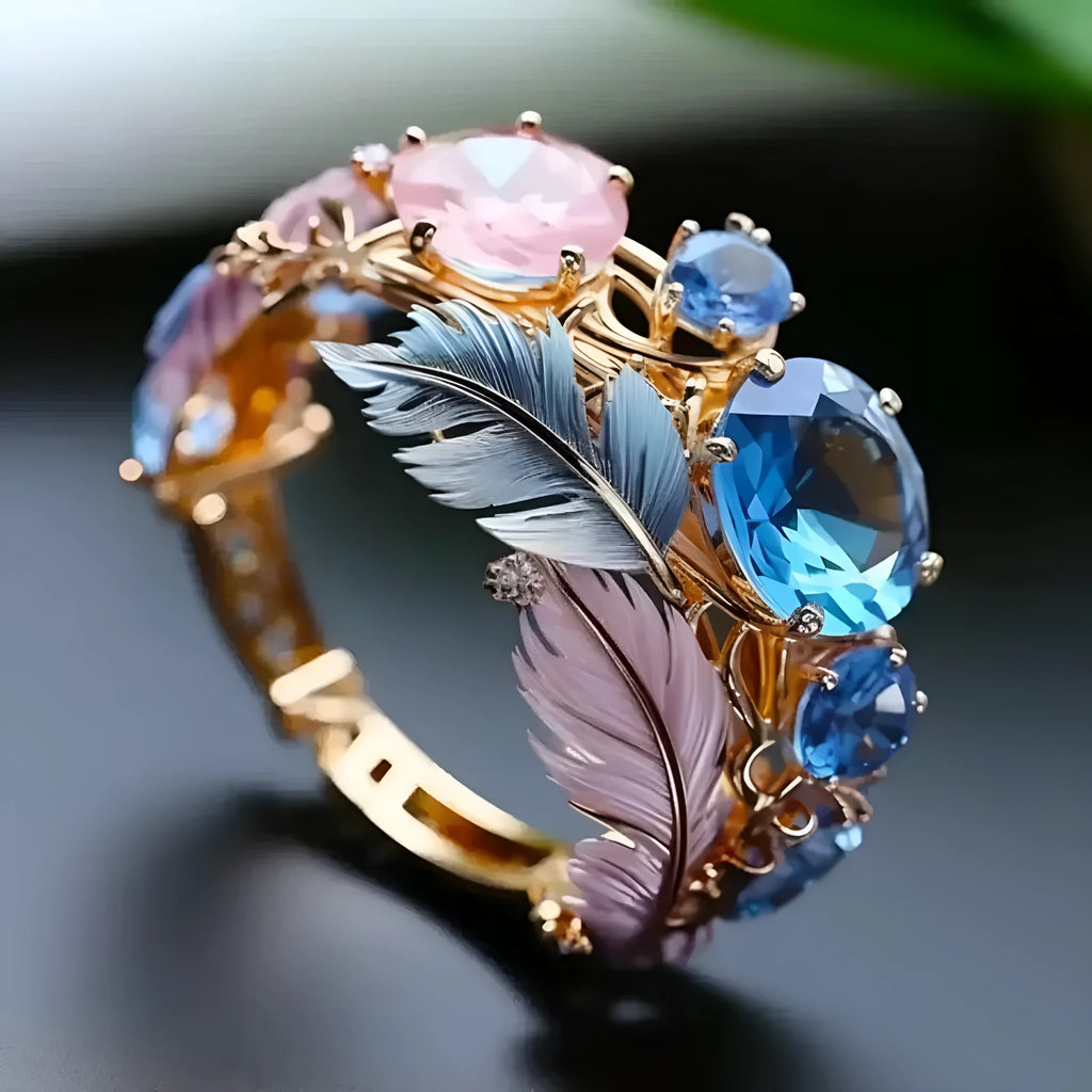 Gold embossed feather ring with colourful zircon geometric design on brass