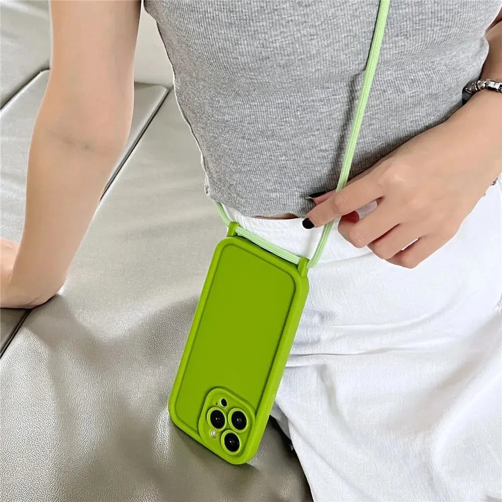 TPU silicone phone case with lanyard for iPhone 12-15 series, anti-fall protective back cover in beige