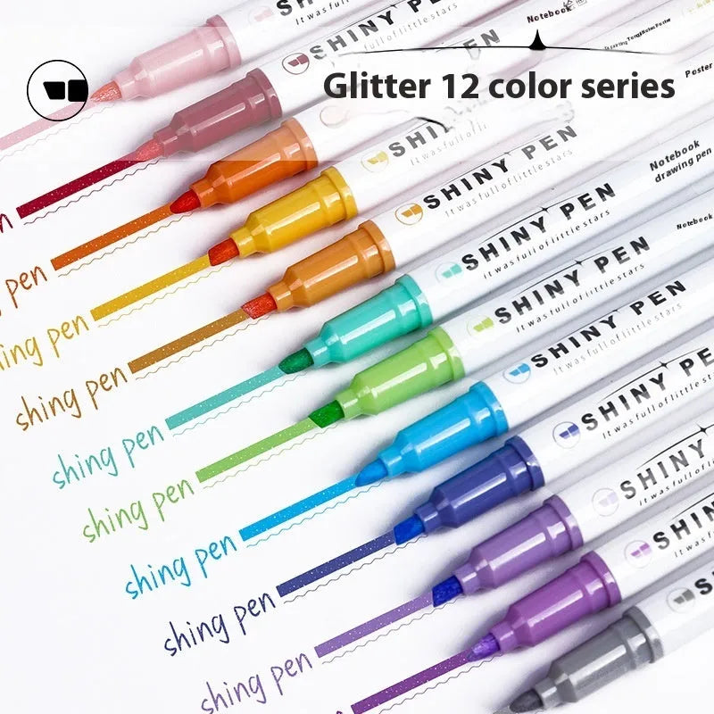 Set of four glitter fluorescent highlighter pens with slanted tips shown in assorted colours.
