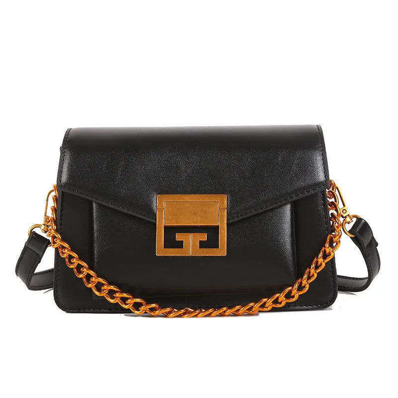 Women's shoulder bag square box shape with chain detail PU lining zippered hidden pocket black